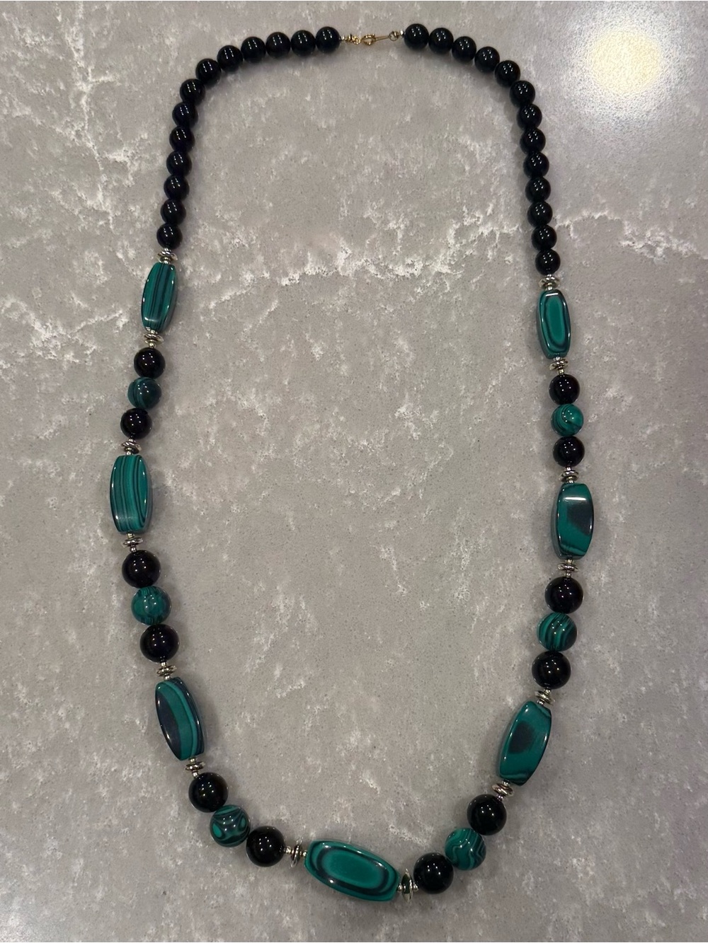 Vintage Malachite Onyx Beaded Statement Necklace Green Black 30”